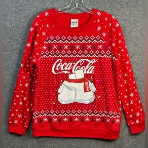 Coca Cola Polar Bear Women’s Large Red Christmas  Light Up Fleece Sweatshirt EUC